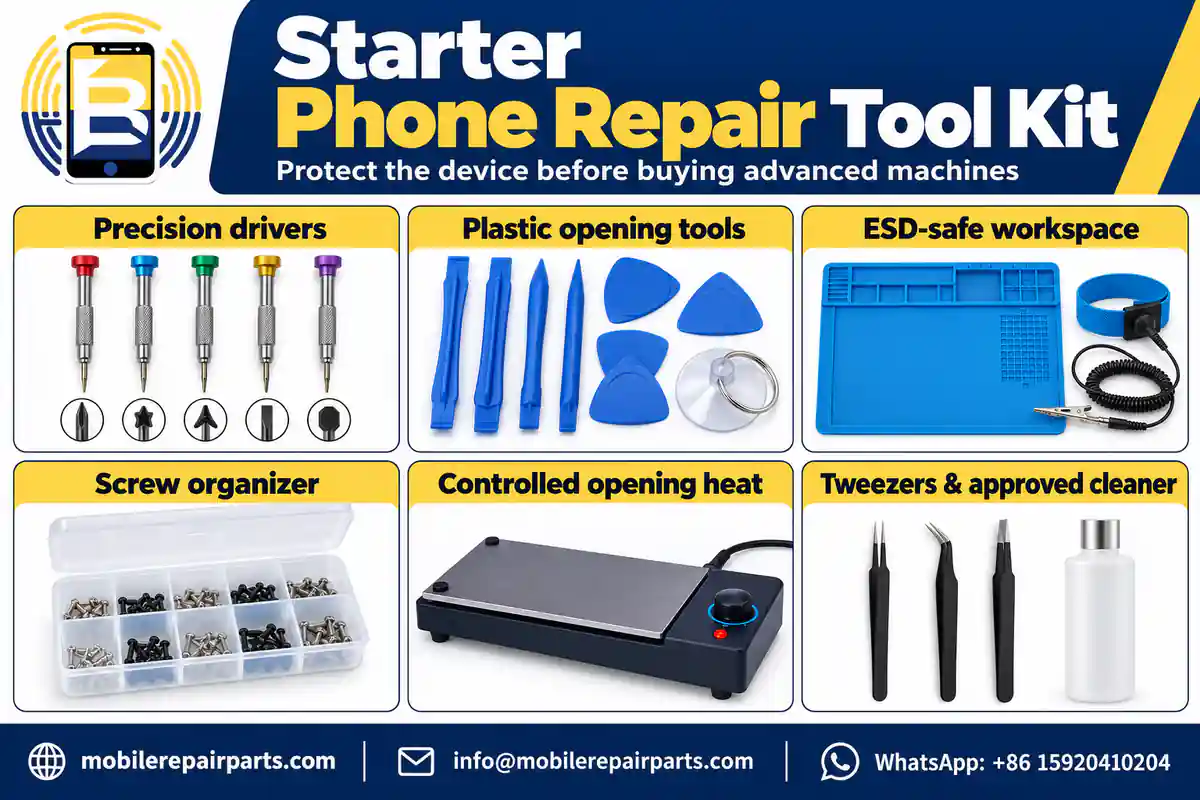 Starter phone repair kit showing precision drivers, plastic opening tools, ESD workspace, screw organizer, controlled heat, and tweezers with cleaner.
